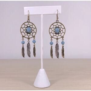 BOGO FREE Dreamcatcher boho blue stone feather dangle earrings